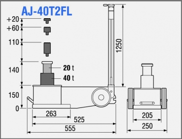 Preview: TDL AJ-40T2FL 2-stufiger lufthydraulischer Heber Tragkraft 40.000 / 20.000 kg Inkl. 3 Adapterstücke